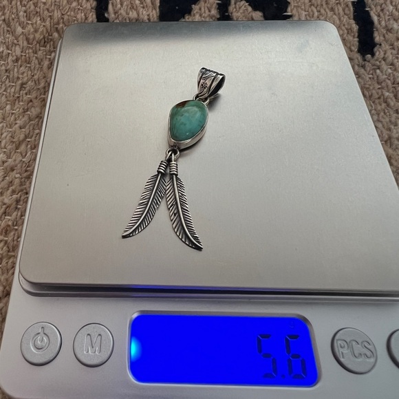 ❤️ Kingman Turquoise Navajo Southwestern Feather Sterling Pendant 5.6gm 2.34”L - Picture 9 of 15